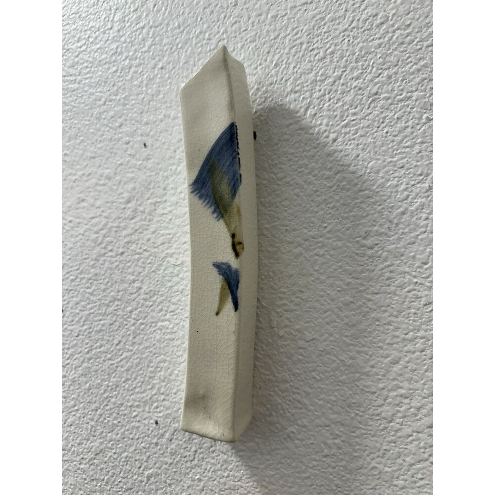 Pottery Long Wall Vase Or Matchstick Handmade 9” Tall Wall Hanger Blue Tan